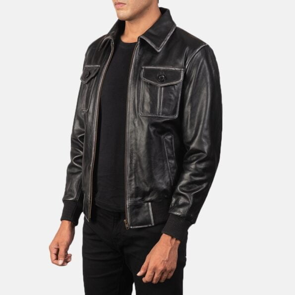 Black Leather Bomber Jacket img02