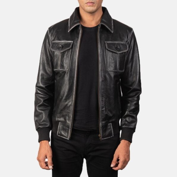 Black Leather Bomber Jacket img01