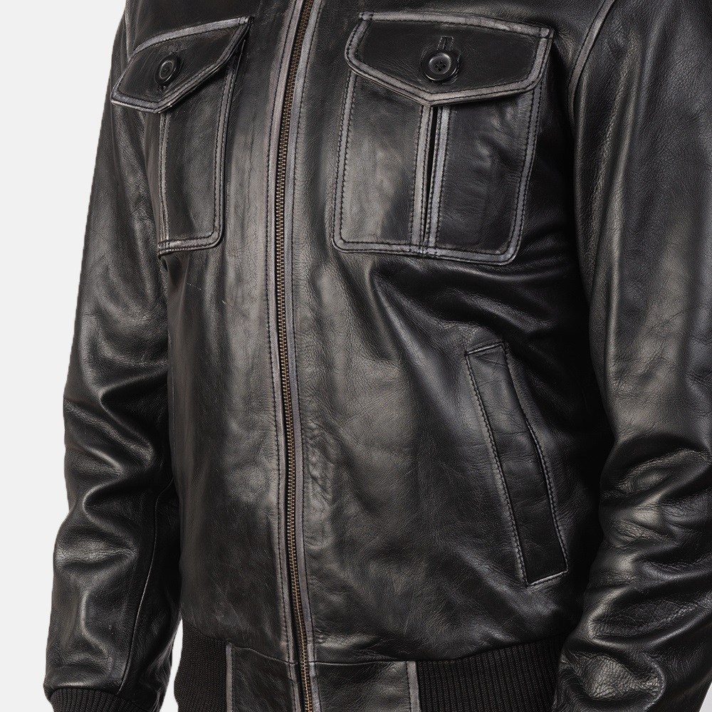 Aaron Black Leather Bomber Jacket5
