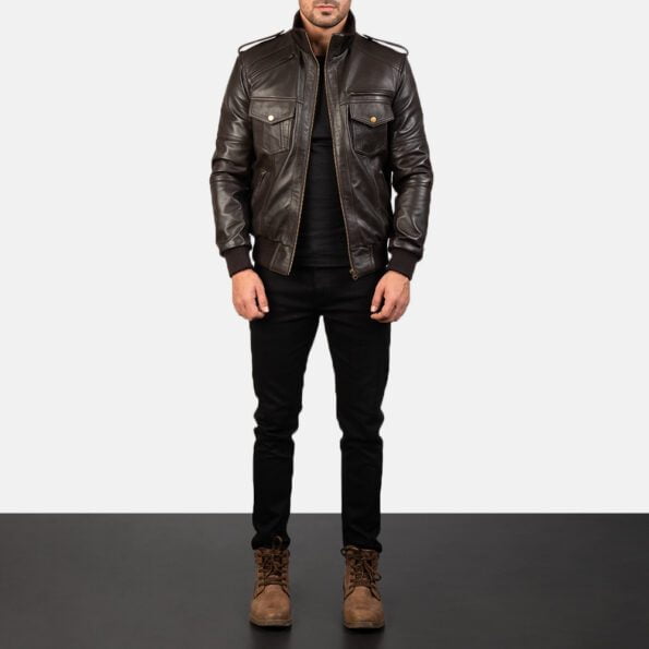 Brown Leather Bomber Jacket front side 02pocket