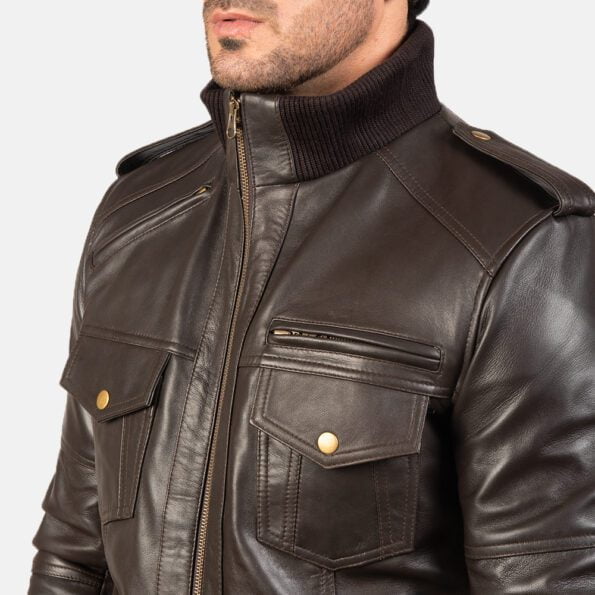 Brown Leather Bomber Jacket front design