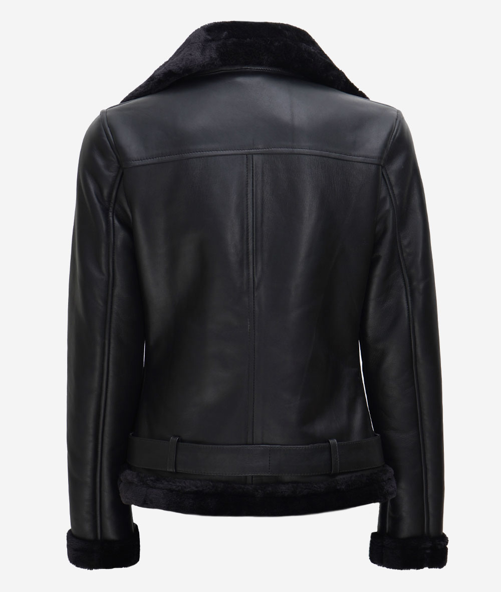 Agnes Asymmetrical Black Leather Shearling Jacket Womens3