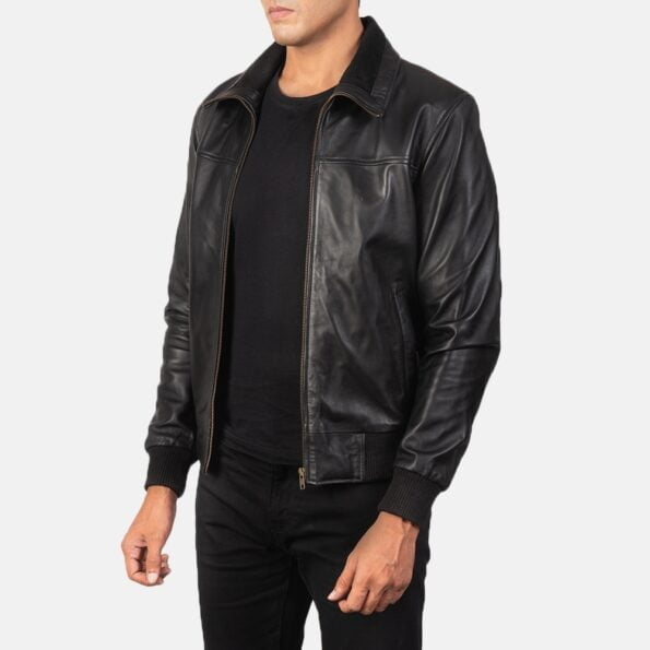 Black Leather Bomber Jacket img02