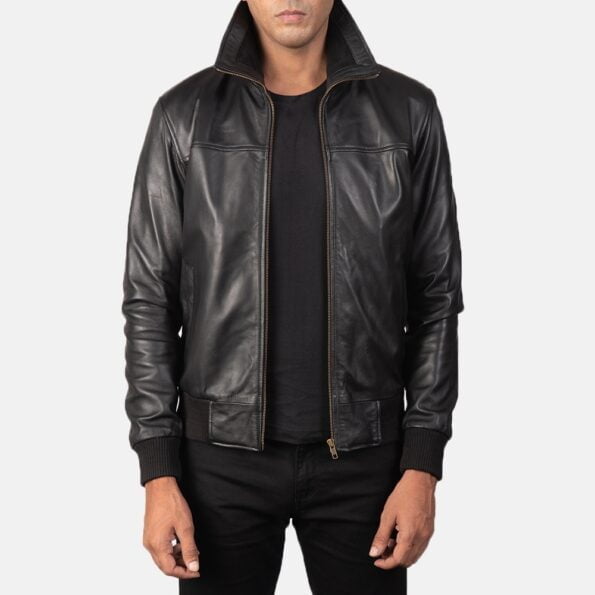 Black Leather Bomber Jacket img01