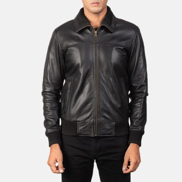 Black Leather Bomber Jacket full zipper