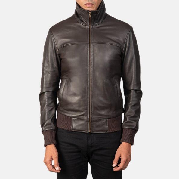 Brown Leather Bomber Jacket zipper