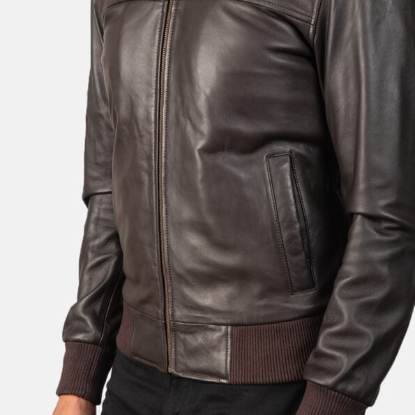 Brown Leather Bomber Jacket side pocket