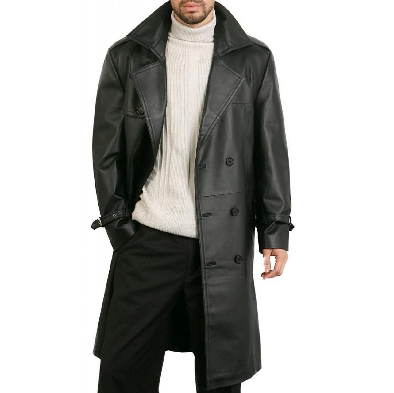 Augusta Double Breasted Black Lambskin Trench Leather Overcoat Mens