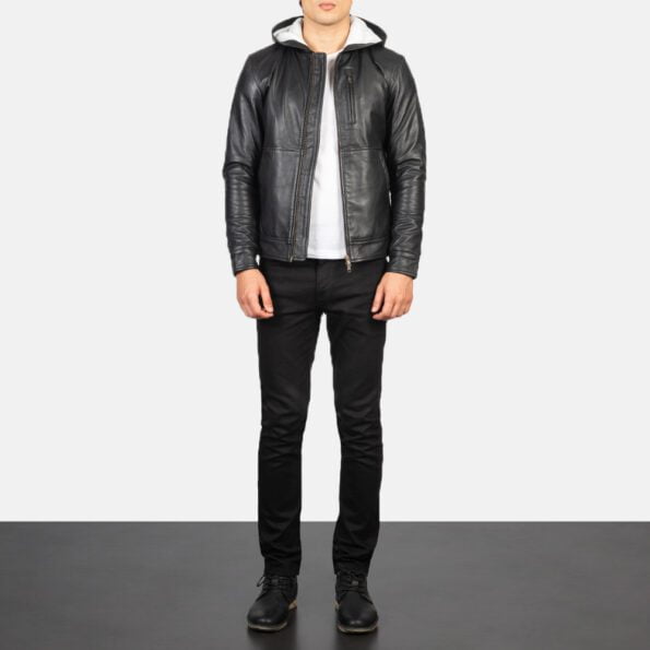 Black Hooded Leather Bomber Jacket farrant said