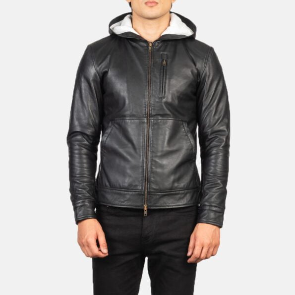 Black Hooded Leather Bomber Jacket img01