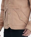 Beige and Brown Shearling Collar Leather Jacket