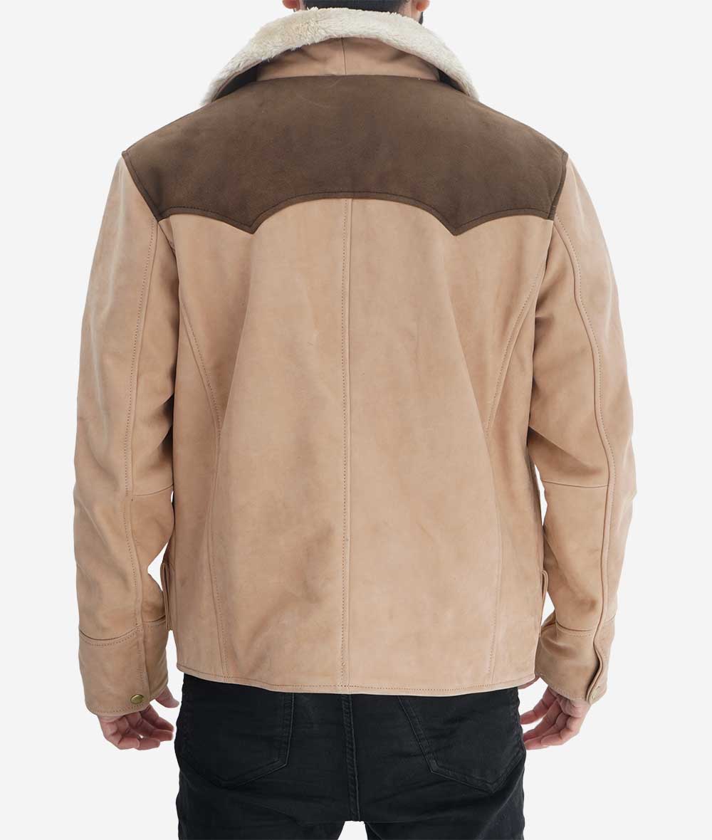 Beige and Brown Shearling Collar Leather Jacket5