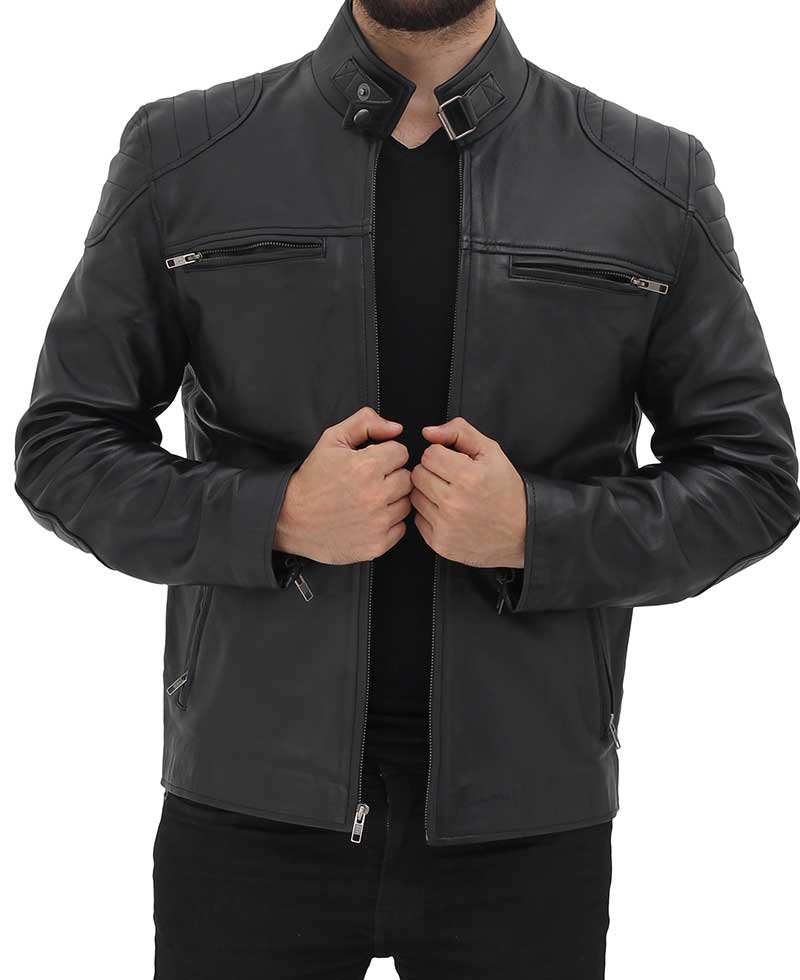 Black Mens Leather Cafe Racer Jacket with Snap Button Collar1