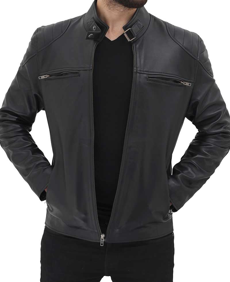 Black Mens Leather Cafe Racer Jacket with Snap Button Collar3