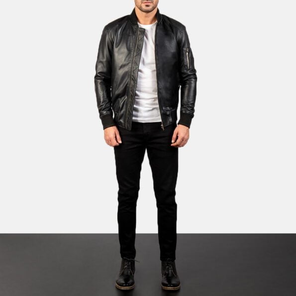 Black Leather Bomber Jacket front design