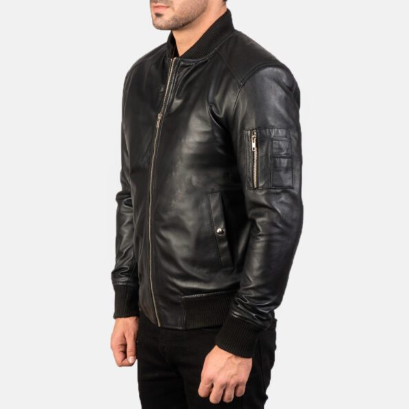 Black Leather Bomber Jacket side zipper