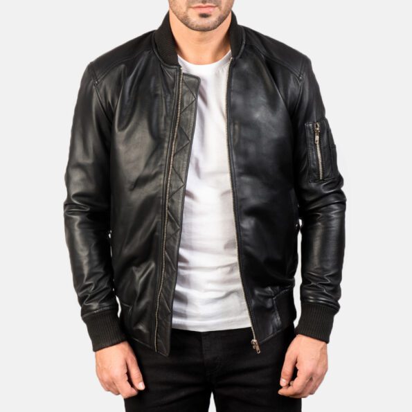 Black Leather Bomber Jacket img01