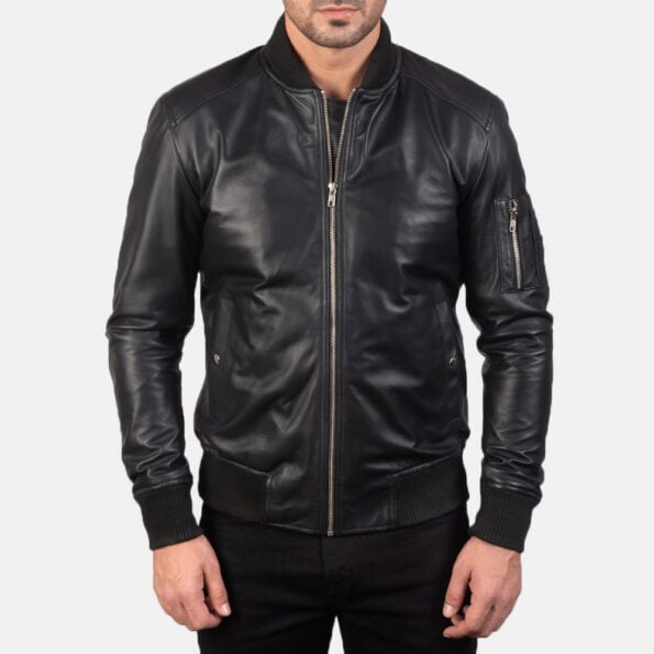 Black Leather Bomber Jacket zipper