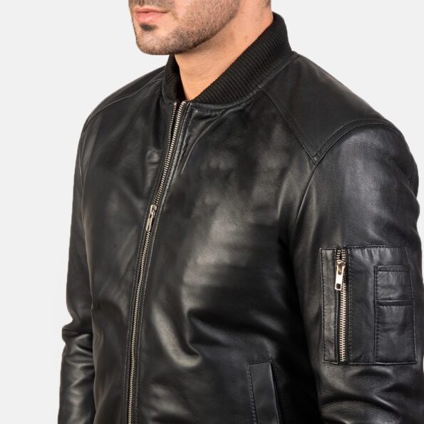 Black Leather Bomber Jacket shoulder