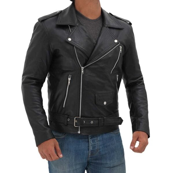 front design black leather jacket