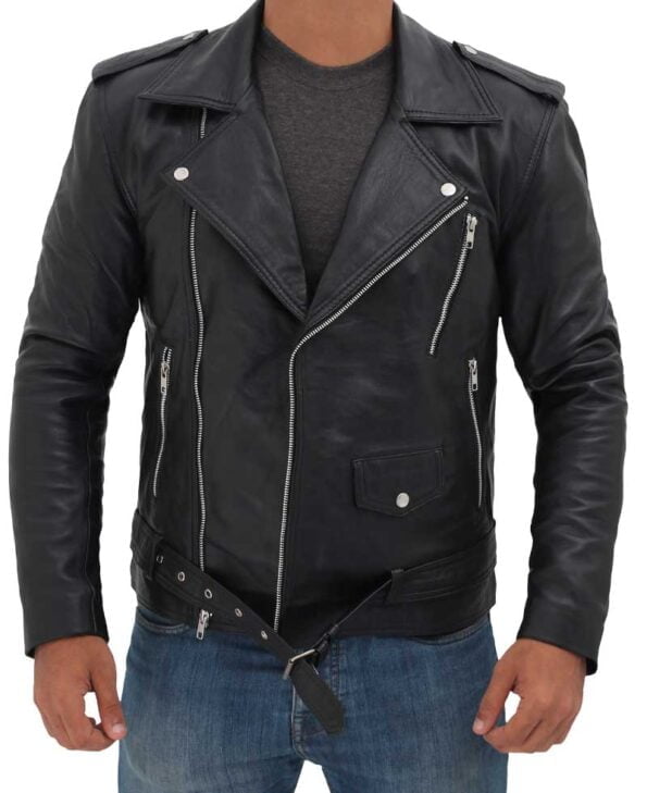 side pocket black leather jacket