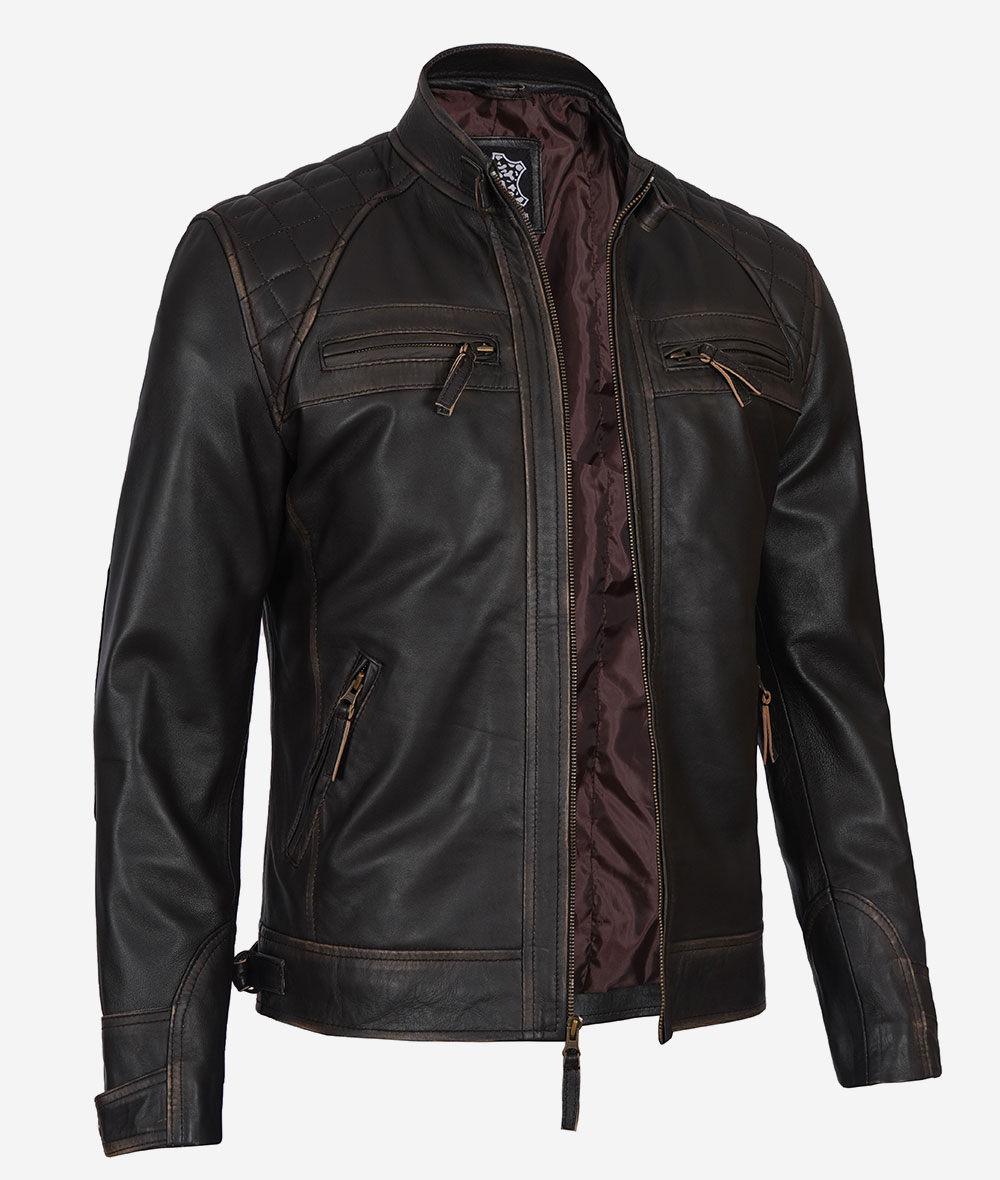 Claude Mens Biker Brown Quilted Distressed Leather Jacket2