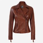 Cognac Asymmetrical Hand Waxed Leather Biker Jacket Women
