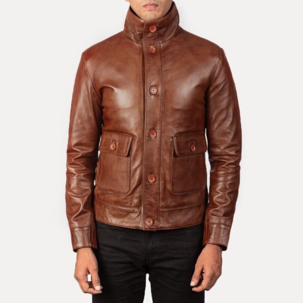 high neck brown leather jacket