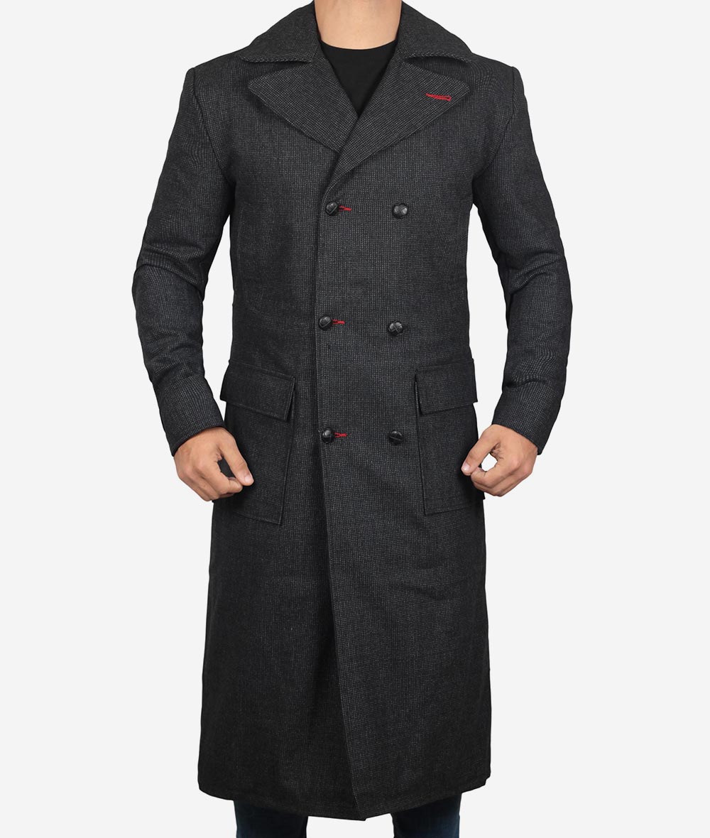 Double Breasted Grey Detective Wool Coat Men1