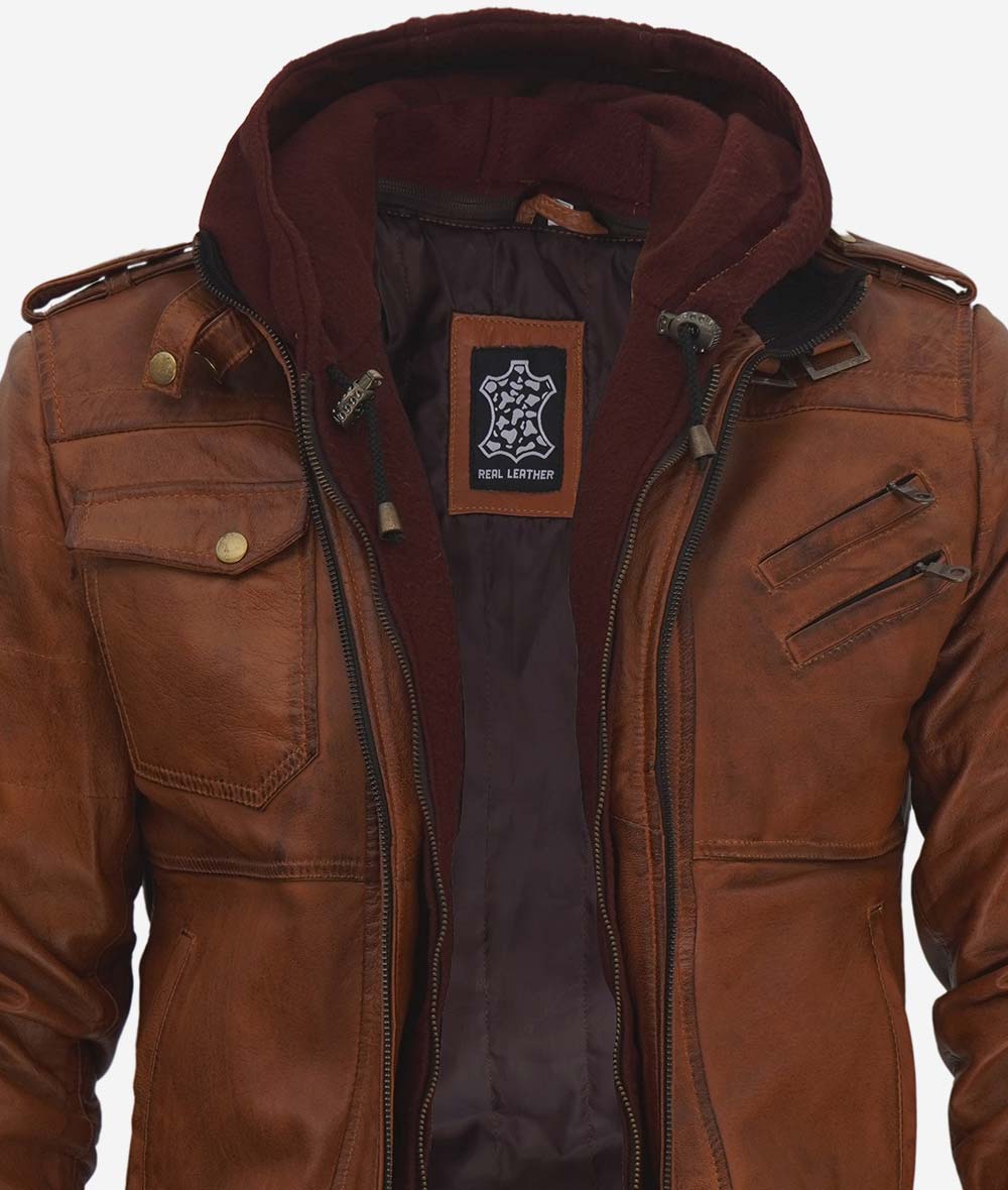 Edinburgh Mens Brown Leather Bomber Jacket With Removable Hood3