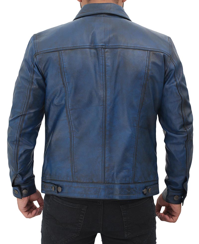 Fernando Mens Distressed Blue Trucker Leather Jacket3