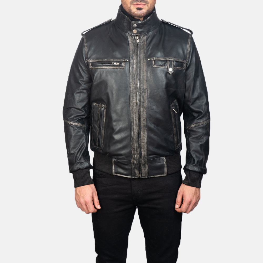 Glen Street Black Leather Bomber Jacket3