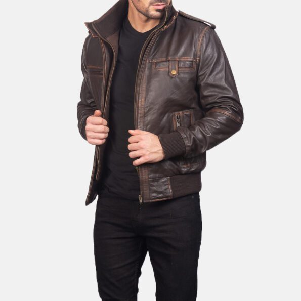 Brown Leather Bomber Jacket img03