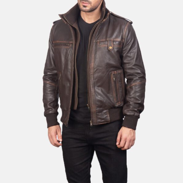 Brown Leather Bomber Jacket img02