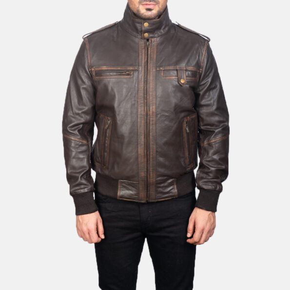 Brown Leather Bomber Jacket img01