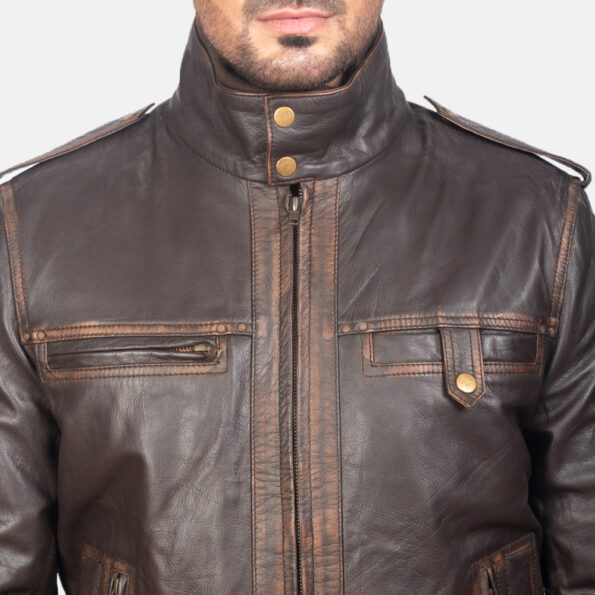 Brown Leather Bomber Jacket baton design