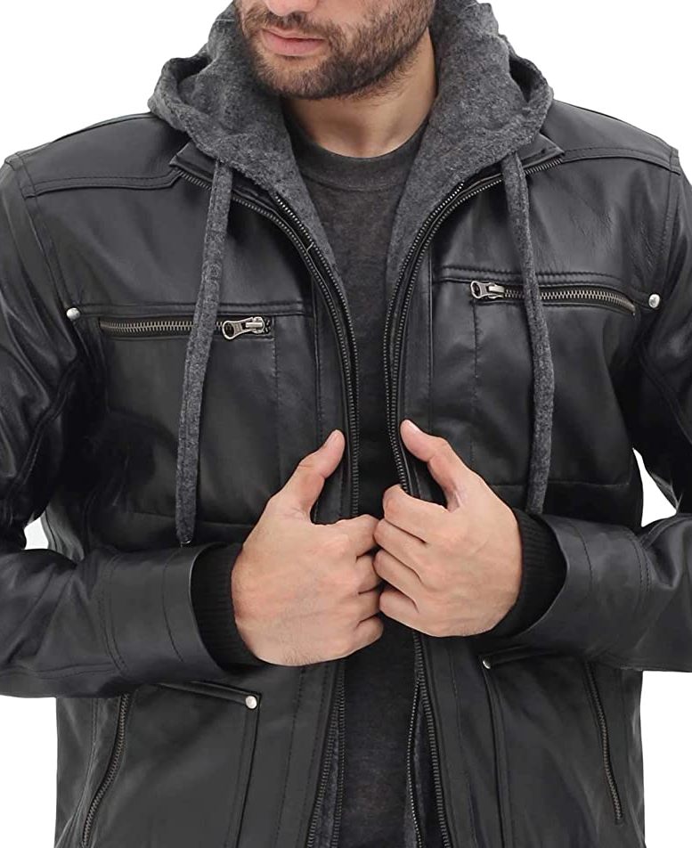 Mens Black Leather Bomber Jacket with Hood1