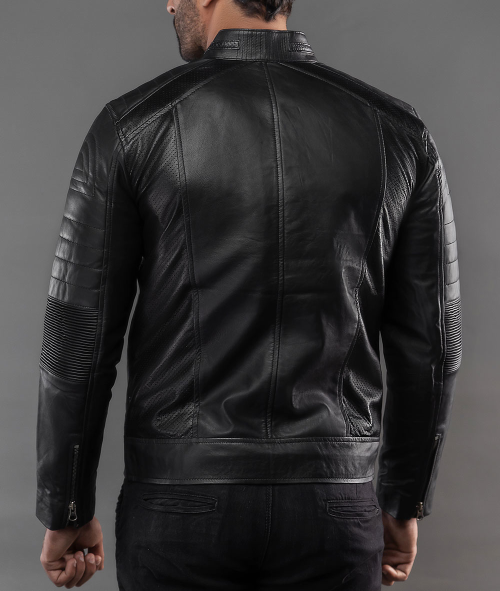 Mens Black Perforated Lambskin Cafe Racer Leather Jacket6