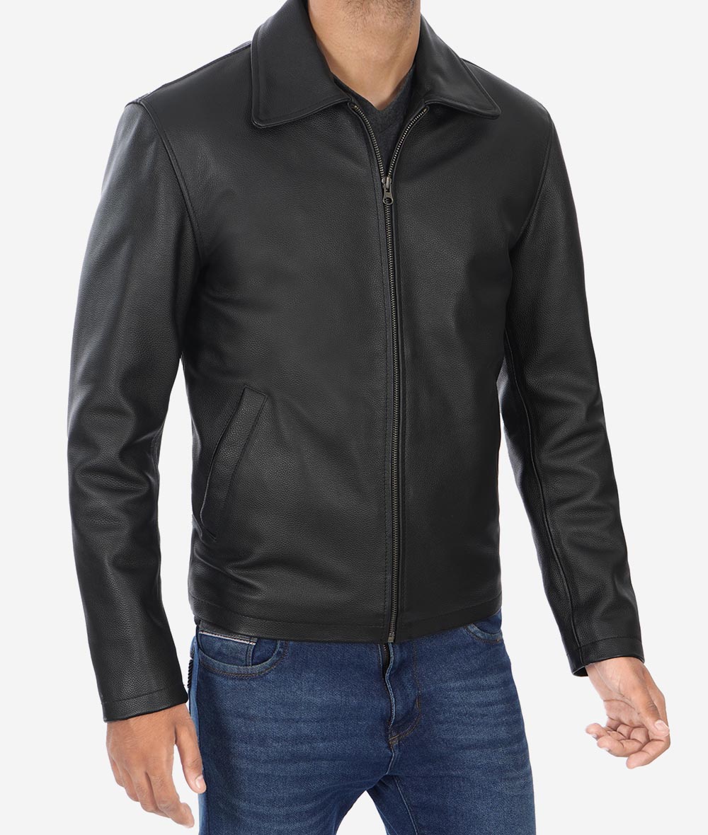 Mens Black Shirt Collar Leather Cowhide Jacket3