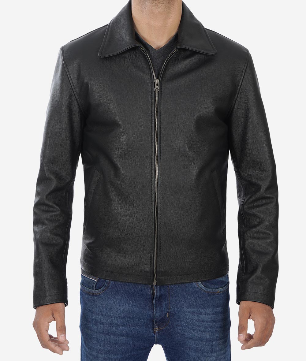 Mens Black Shirt Collar Leather Cowhide Jacket5