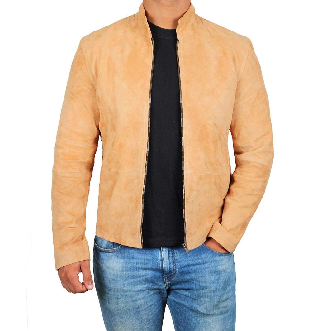 Mens Camel Suede Leather Jacket With Mandarin Collar
