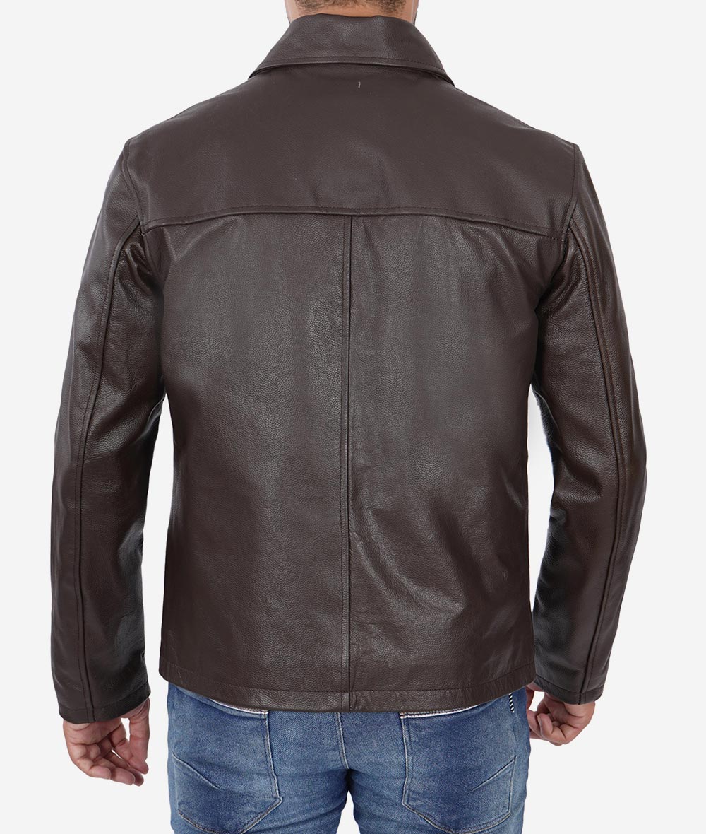 Mens Dark Brown Shirt Collar Cowhide Leather Jacket3