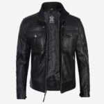 Moffit Mens Black Leather Biker Jacket