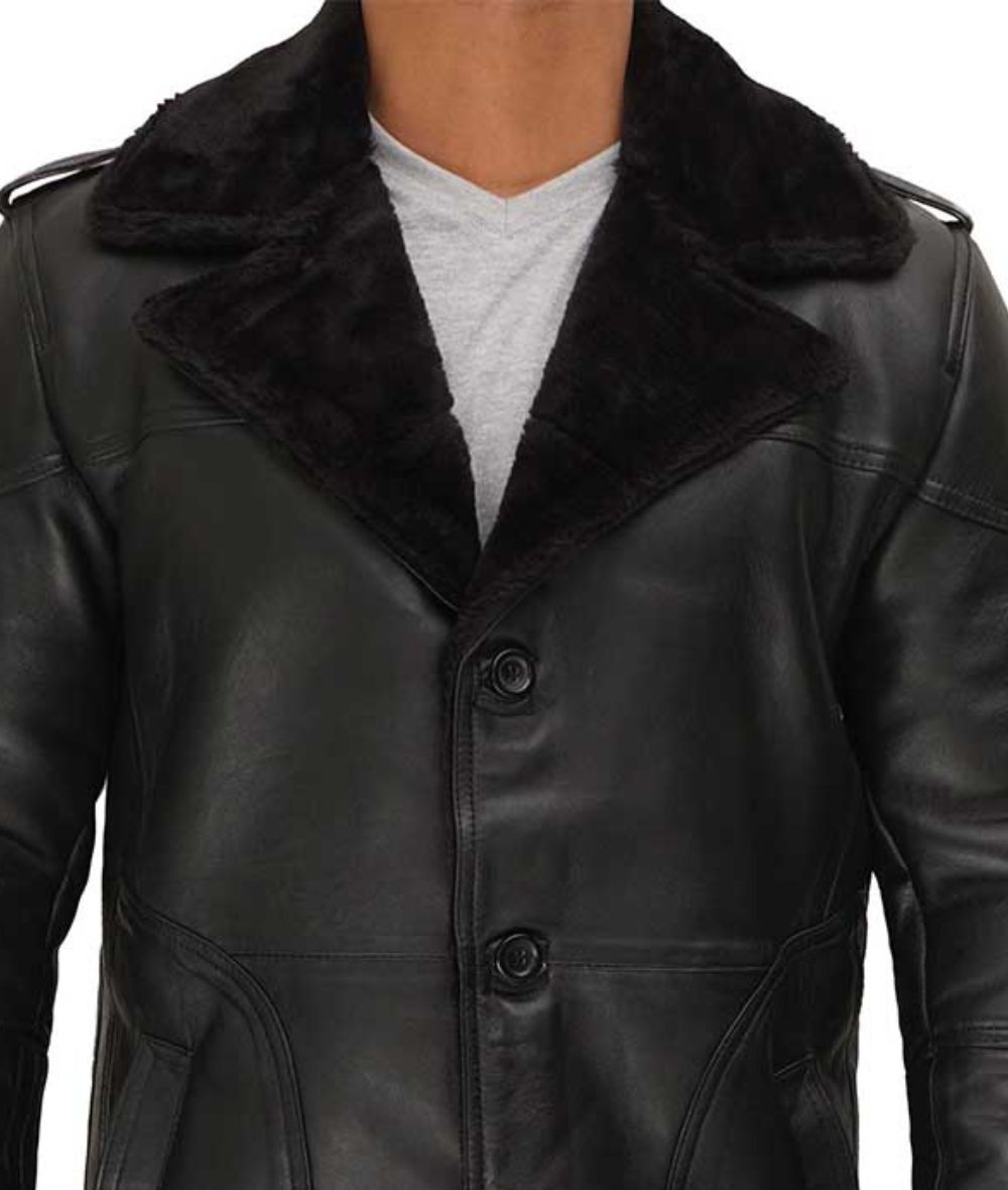 Russo Mens Wide Collar Black Leather Winter Shearling Coat2