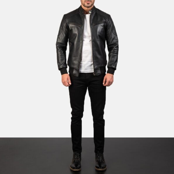 Black Leather Bomber Jacket front design