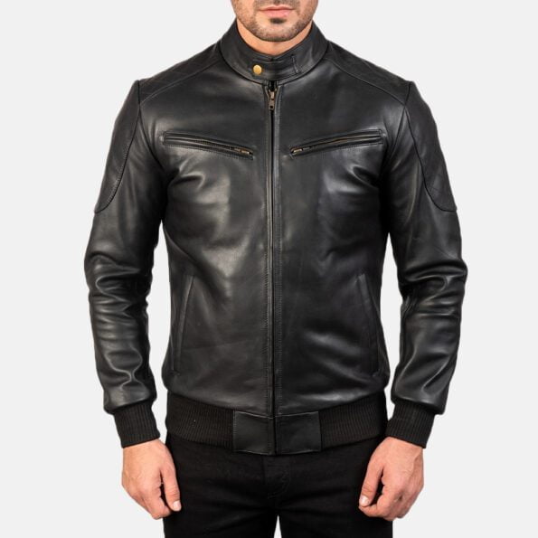 Black Leather Bomber Jacket full zipper