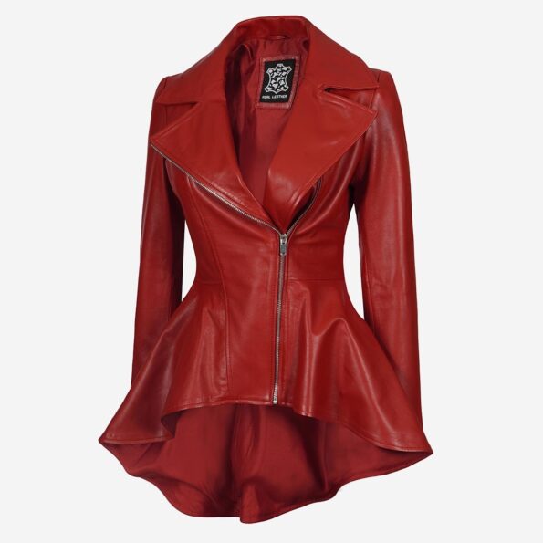 Red Leather Peplum Jacket front design