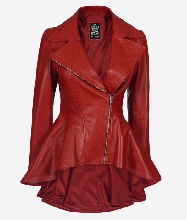 Red Leather Peplum Jacket front design