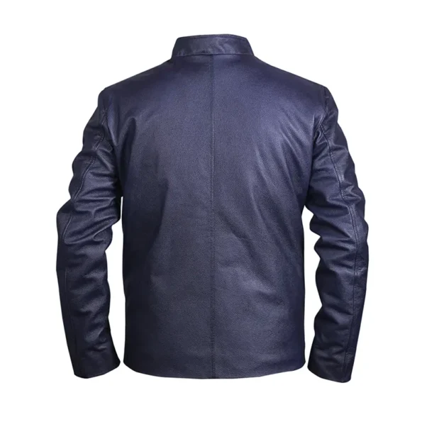 trendy blue leather jacket